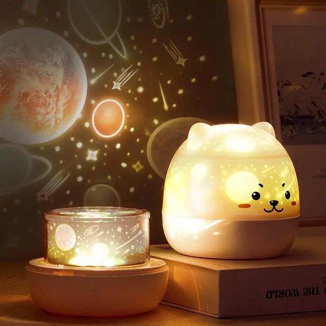 Kissa-yövalo projektorilla ja musiikilla