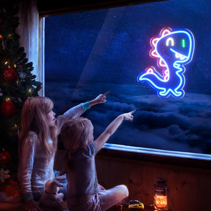 Sininen dinosaurus neon-yövalo seinälle