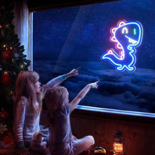 Sininen dinosaurus neon-yövalo seinälle