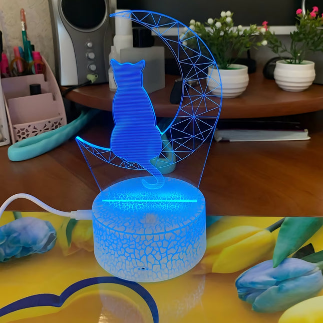 Akryylinen kissa ja kuu 3D-lamppu