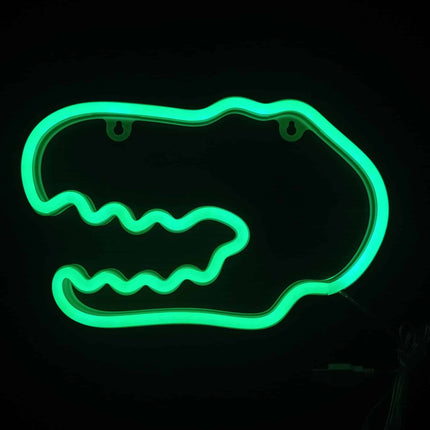Dinosaurus pään muotoinen neonvalokyltti