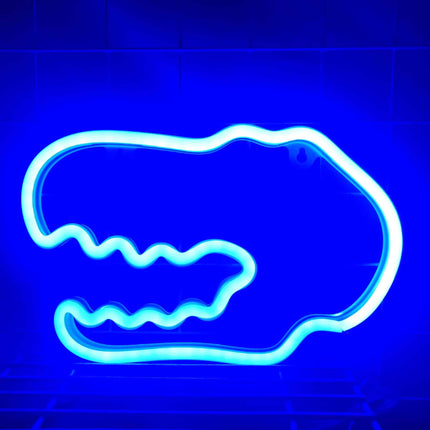 Dinosaurus pään muotoinen neonvalokyltti