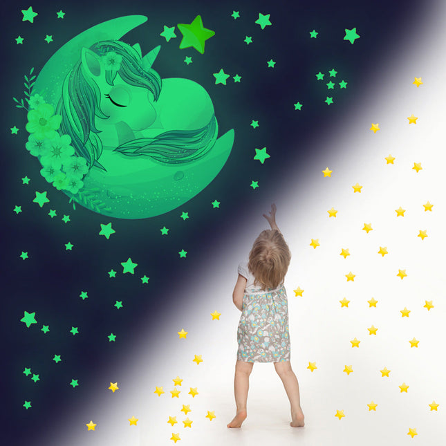 Pimeässä hohtava yksisarvinen ja tähdet seinätarra