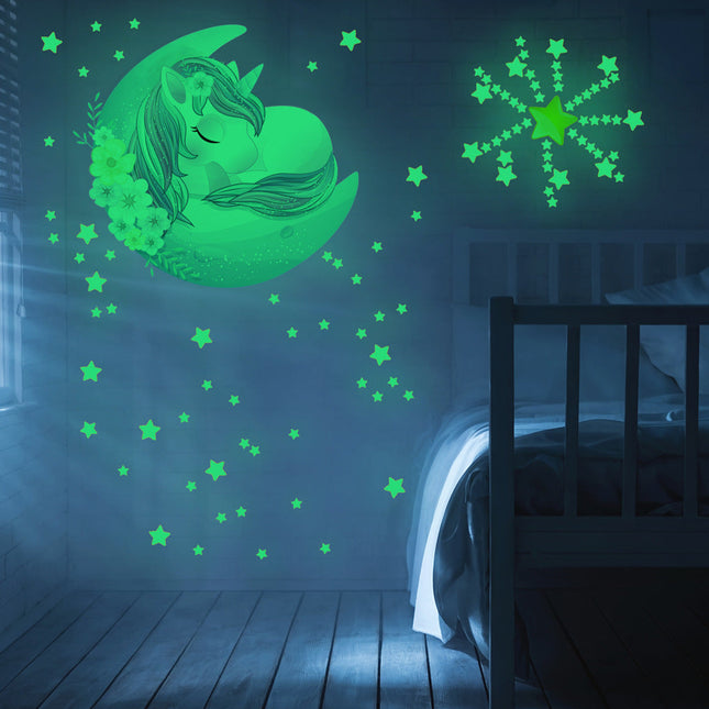 Pimeässä hohtava yksisarvinen ja tähdet seinätarra