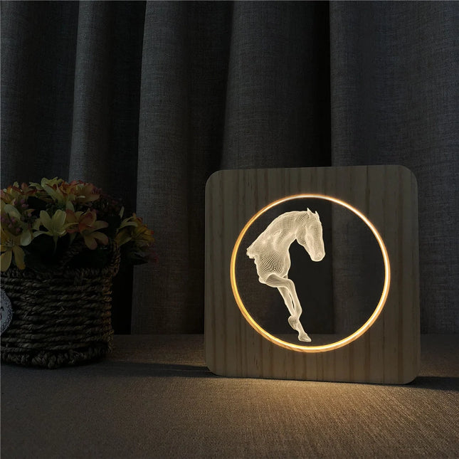 Puinen design hevonen 3D LED-yövalo