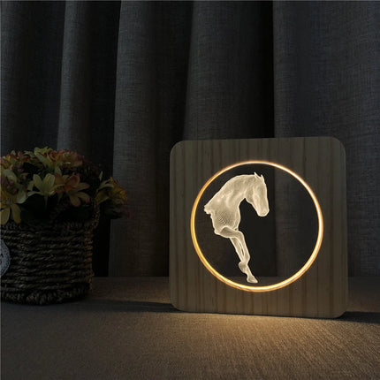 Puinen design hevonen 3D LED-yövalo