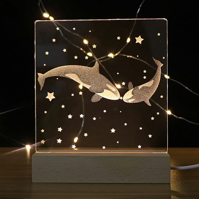 Akryylinen valas yövalo puujalustalla