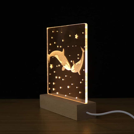 Akryylinen valas yövalo puujalustalla