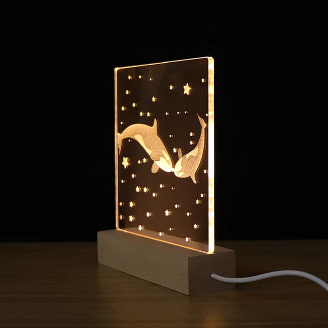 Akryylinen valas yövalo puujalustalla